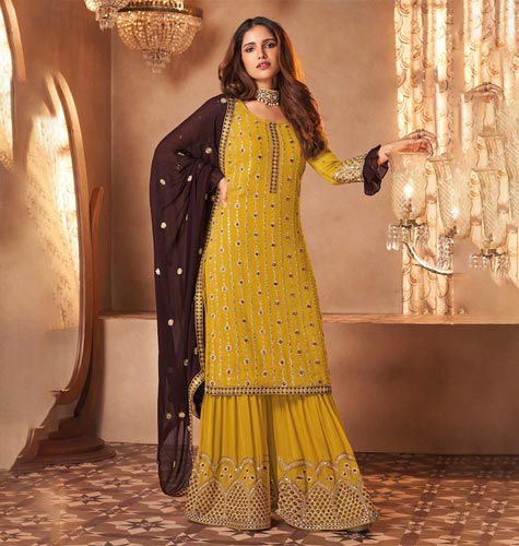 Yellow & Brown Embroidered Semi-Stitched Dress Material